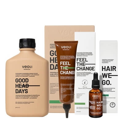 Veoli Botanica Feel Your Hair ZESTAW Oczyszczająco-złuszczający peeling 150 ml + Stymulująco - wzmacniająca wcierka wodna 50 ml + Oczyszczająco-normalizujący szampon 300 ml