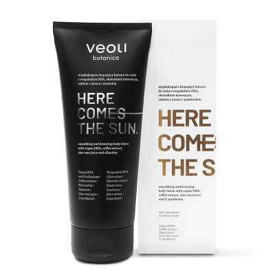 Veoli Botanica Here Comes the Sun Wygładzająco-brązujący balsam do ciała z wegańskim DHA, ekstraktem kawowym, sokiem z aloesu i pantenolem 200 ml