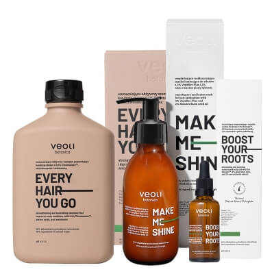 Veoli Botanica Shine Your Hair ZESTAW Wzmacniająco-odżywczy szampon 300 ml + Wygładzająco – nabłyszczająca maska 140 ml + Wcierka wodna 50 ml