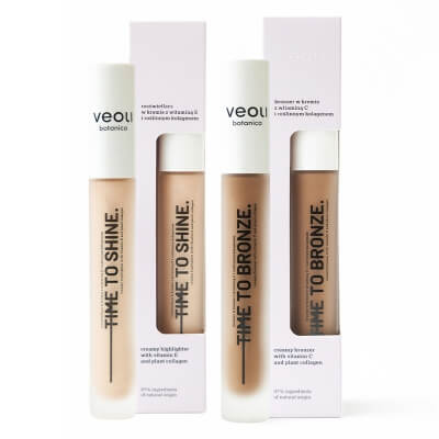 Veoli Botanica Time to Shine and Bronze ZESTAW Bronzer w kremie z witaminą E i roślinnym kolagenem 10 ml + Rozświetlacz w kremie z witaminą E i roślinnym kolagenem 10 ml