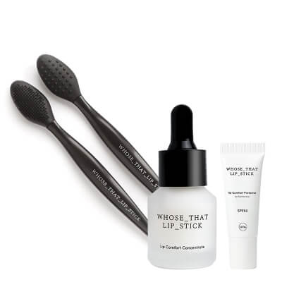 Whose That Lip Stick Protector SPF 50 + Concentrate + Massager ZESTAW Ochronny balsam do ust SPF 50 10 ml + Serum przeciwzmarszczkowe do ust i konturu ust 13 ml + Dwustronny masażer do ust 1 szt