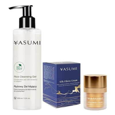 Yasumi Rice Cleansing Gel + Silk Fibres Cream ZESTAW Żel do twarzy z ryżem 200 ml + Krem liftingujący z ekstraktem z kamienia księżycowego 50 ml