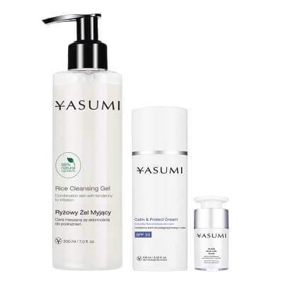 Yasumi Rice + Orchid + SPF 30 Cream ZESTAW Żel do twarzy z ryżem 200 ml + Ujędrniające serum przeciwzmarszczkowe 15 ml + Krem ochronny z filtrem 100 ml