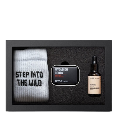 Zew For Men Nieokiełznany Drwal z Mydłem do Brody ZESTAW Olejek do brody 30 ml + Mydło do brody 85 ml + Mydelniczka (kolor srebrny) + Skarpety 1 para