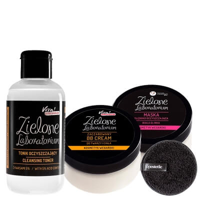 Zielone Laboratorium Tonik + Maska + BB Cream + Gąbka Topestetic ZESTAW Z kwasami 5%, 150 ml + Biała glinka 100 ml + Do twarzy i ciała 100 ml + Gąbka do demakijażu 1 szt