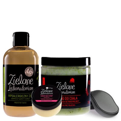 Zielone Laboratorium Żel + Peeling + Krem Do Stóp + Tarka do pięt Topestetic ZESTAW Proteiny owsa 250 ml + Rozmaryn i pietruszka 350 g + Mocznik, masło Shea 100 ml + Tarka z nano szkła 1 szt
