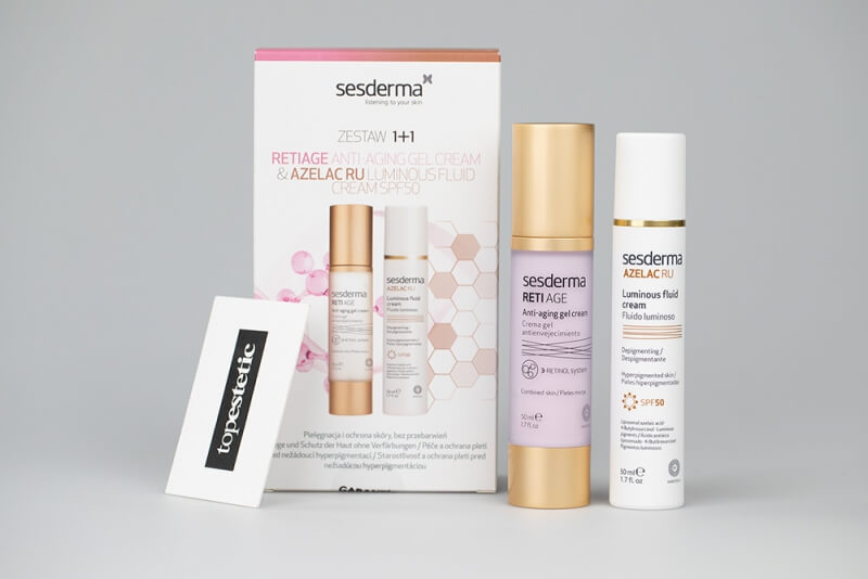 Sesderma Azelac RU Luminous Fluid Cream + Reti Age Anti-Aging Gel Cream ZESTAW Emulsja rozświetlająca SPF 50 50 ml + Krem-żel przeciwstarzeniowy 50 ml Kartonik