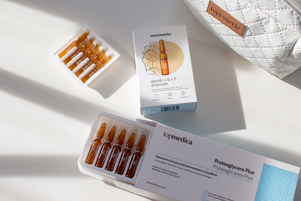 Mesoestetic Glycolic + E + F Ampoules Redukuje niedoskonałości, rozświetla i ujednolica koloryt skóry 10x2 mltopmedica Proteoglycans Plus Proteoglicanos Plus 30 x 2 ml