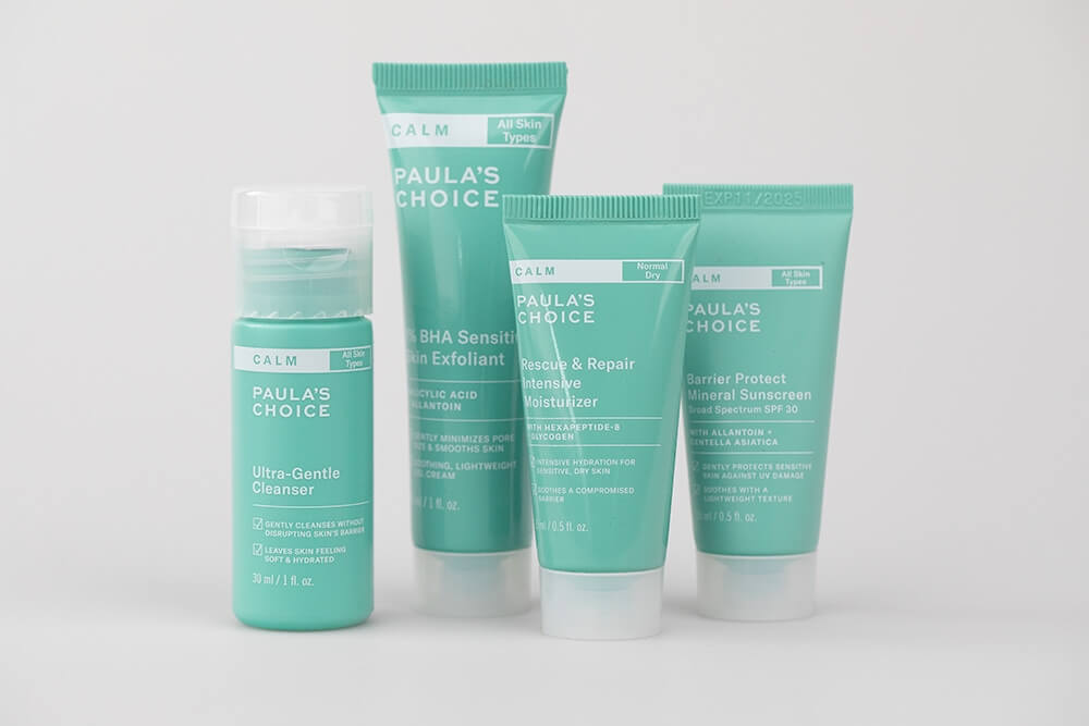 Paulas Choice Calm Travel Set ZESTAW Ochrona przeciwsłoneczna SPF 30 15 ml + Płyn złuszczający 30 ml + Krem nawilżający na noc 15 ml + Żel myjący 30 ml