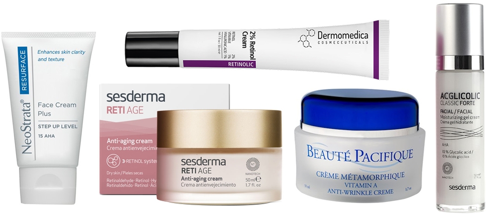 NeoStrata Face Cream Plus Krem do twarzy z kwasem glikolowym 40 gSesderma Reti Age Cream Anti Aging Krem przeciwzmarszczkowy 50 mlDermomedica 2% Retinol Cream Krem z 2% retinolem 30 mlBeaute Pacifique Metamorphique Vitamin A Anti-Wrinkle Cream Krem przeciwzmarszczkowy 0,3% retinol 50 mlSesderma Acglicolic Classic Forte Krem-żel nawilżający 50 ml