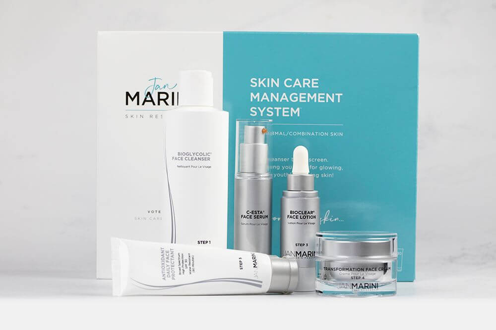 Jan Marini Antioxidant Daily Face Protectant SPF 30 Antyoksydacyjny krem ochronny 57 gJan Marini Bioglycolic Face Cleanser Emulsja do mycia twarzy z kwasem glikolowym 237 mlJan Marini C-ESTA Face Serum Serum do twarzy z witaminą C i DMAE 30 mlJan Marini Bioclear Face Lotion Lotion korygujący wygląd skóry 30 mlJan Marini Transformation Face Cream Nawilżający krem do twarzy 28 gJan Marini Skin Care Management System ZESTAW Przeciwzmarszczkowy dla skóry normalnej i mieszanej 1 szt