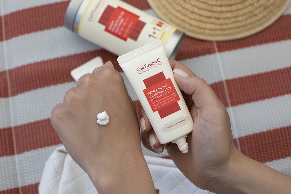 Cell Fusion C Derma Relief Sunscreen 100 SPF 50+/PA ++++ Krem nawilżający z wysoką ochroną przeciwsłoneczną dla całej rodziny 35 ml + 35 ml