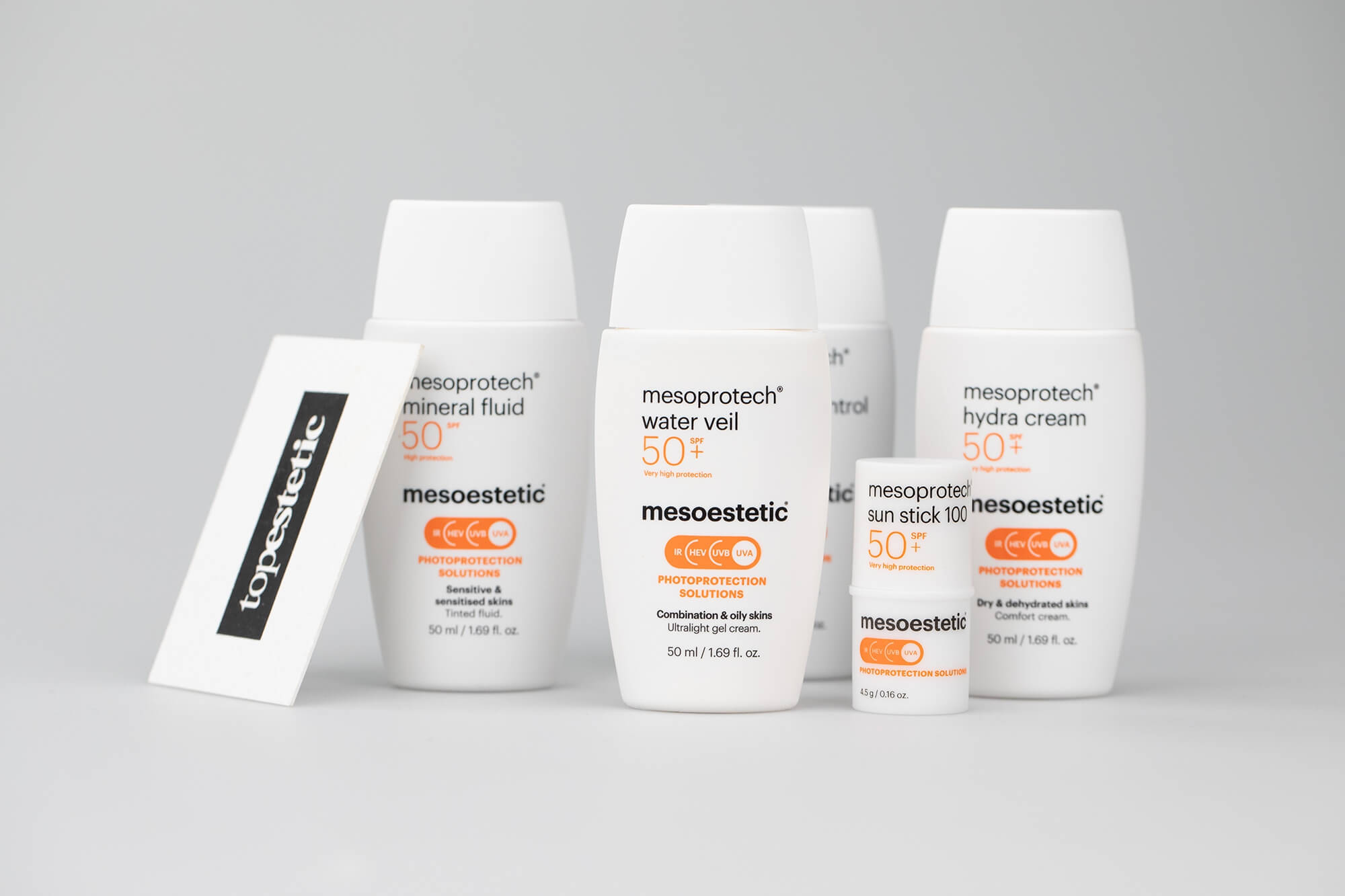 Mesoestetic Mesoprotech Mineral Fluid SPF 50 Mineralny fluid SPF50 50 mlMesoestetic Mesoprotech Water Veil SPF 50+ Ultralekki żel-krem SPF50+ 50 mlMesoestetic Mesoprotech Sun Protective Repairing Stick SPF 50+ Ochronny sztyft przeciwsłoneczny 4,5 gMesoestetic Mesoprotech® Hydra Cream SPF 50+ Bardzo wysoka ochrona przeciwsłoneczna UVA i UVB 50 ml