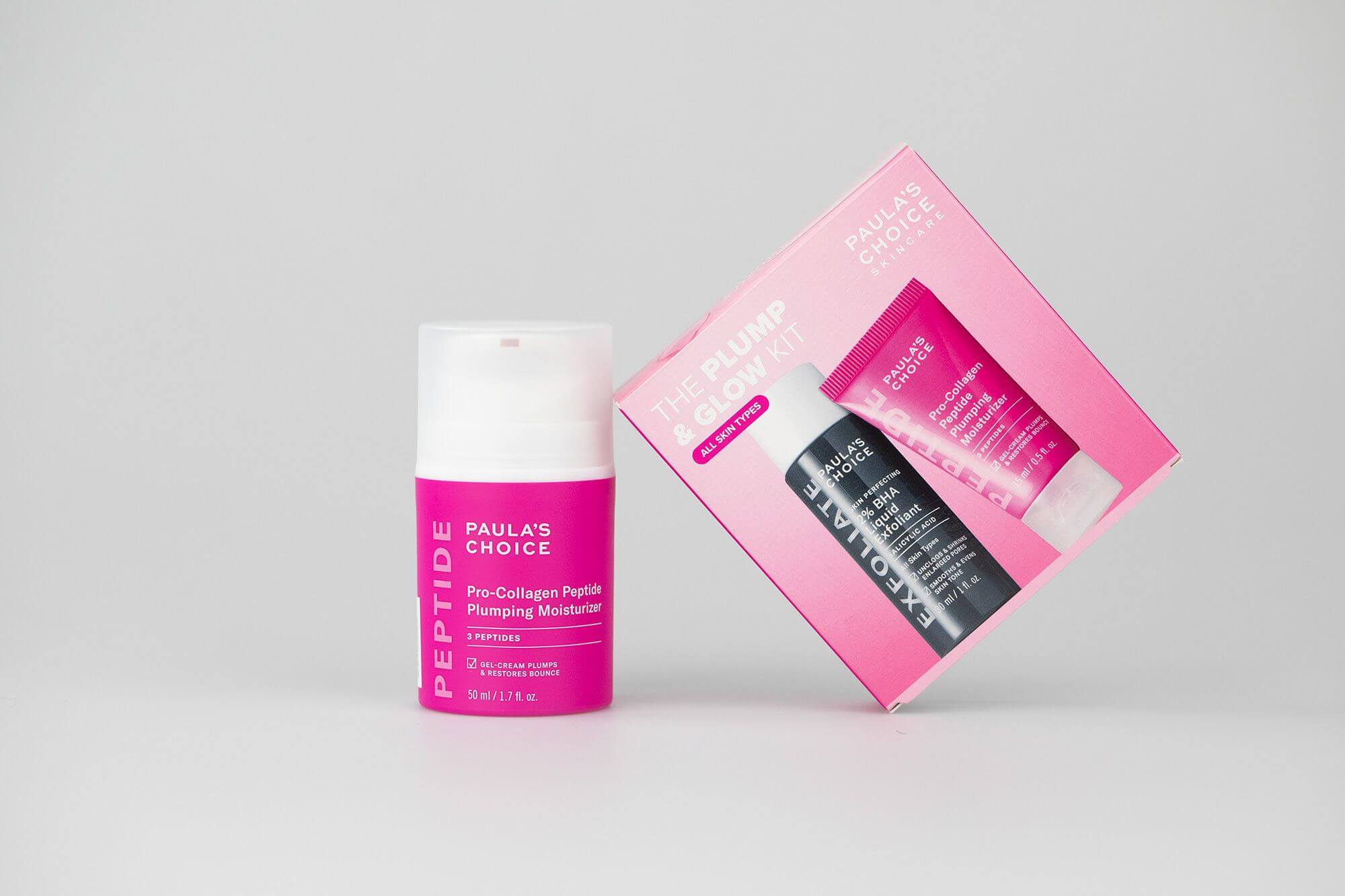 Paulas Choice Plump and Glow Kit ZESTAW Płyn złuszczający z 2% kwasem salicylowym 30 ml + Pro-Collagen Peptydowy krem nawilżający o działaniu wypełniającym 15 ml