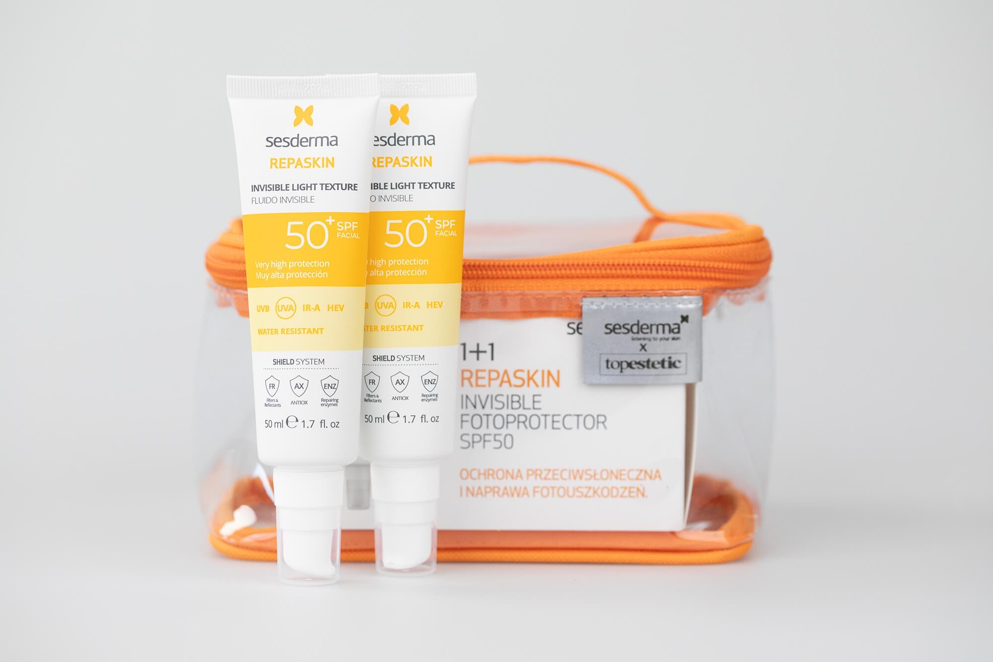 Sesderma Repaskin Fluido Invisible SPF 50+ New x 2 ZESTAW Emulsja 50 ml x 2 + Kosmetyczka
