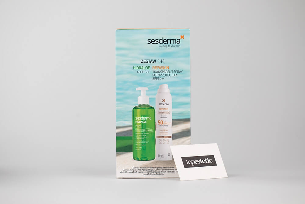 Sesderma Repaskin Transparent Spray Aerosol SPF 50+ + Hidraloe ZESTAW Spray przeciwsłoneczny do ciała 200 ml + Żel Aloe 250 ml, Kartonik