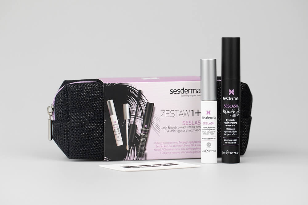 Sesderma Seslash + Seslash Black ZESTAW Serum aktywujące wzrost rzęs i brwi 5 ml + Regenerujący tusz do rzęs 5 ml + Kosmetyczka czarna 1 szt