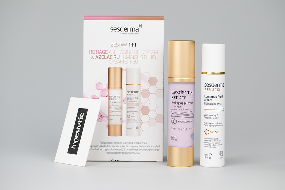 Sesderma Azelac RU Luminous Fluid Cream + Reti Age Anti-Aging Gel Cream + Sesmahal French Maritime Pine + Sesmahal Mist ZESTAW Emulsja rozświetlająca SPF 50 50 ml + Krem-żel przeciwstarzeniowy 50 ml + Serum zwalczające przebarwienia 30 ml + Mgiełka 30 ml