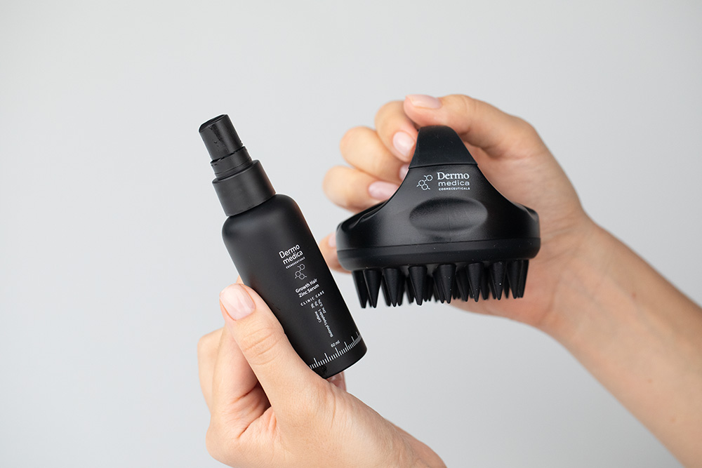 Dermomedica Growth Hair Zinc Serum + Scalp Massager ZESTAW Serum na włosy z kompleksem peptydowo-miedziowym, pochodną biotyny oraz cynkiem 60 ml + Masażer skóry głowy 1 szt