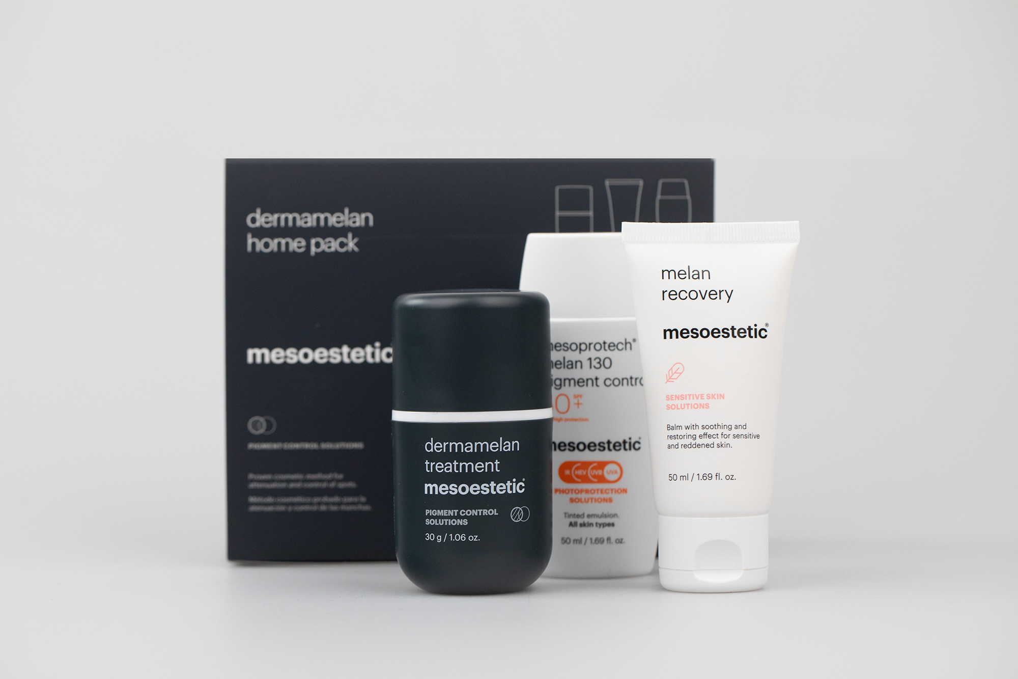 Mesoestetic Dermamelan Home Pack ZESTAW Krem na przebarwienia 30 g + Krem o właściwościach natłuszczających oraz nawilżających 50 ml + Fluid koloryzujący SPF 50+, 50 ml