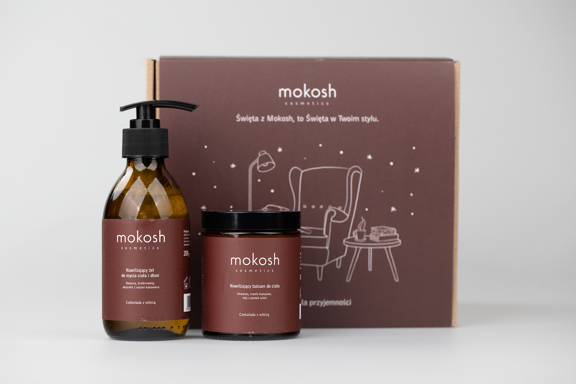 Mokosh Słodka Chwila Przyjemności ZESTAW Balsam do ciała - Czekolada z wiśnią 180 ml + Nawilżający żel do mycia ciała i dłoni 200 ml