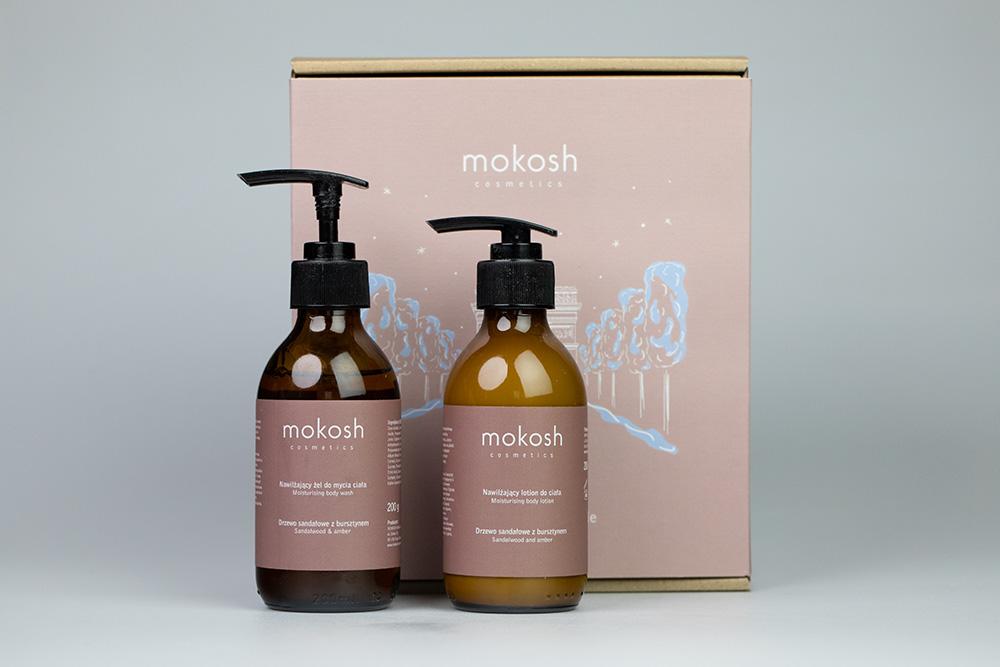 Mokosh Pyszałek – Drzewna Głębia ZESTAW Nawilżający żel do mycia ciała 200 ml+ Nawilżający lotion do ciała drzewo sandałowe z bursztynem 200 ml