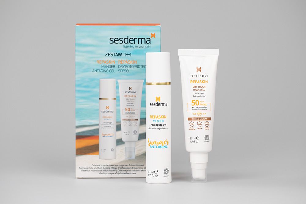 Sesderma Repaskin Mender Antiaging Gel + Repaskin Dry Touch SPF 50 ZESTAW Żel przeciwstarzeniowy 50 ml + Krem ochronny SPF50, 50 ml, Kartonik