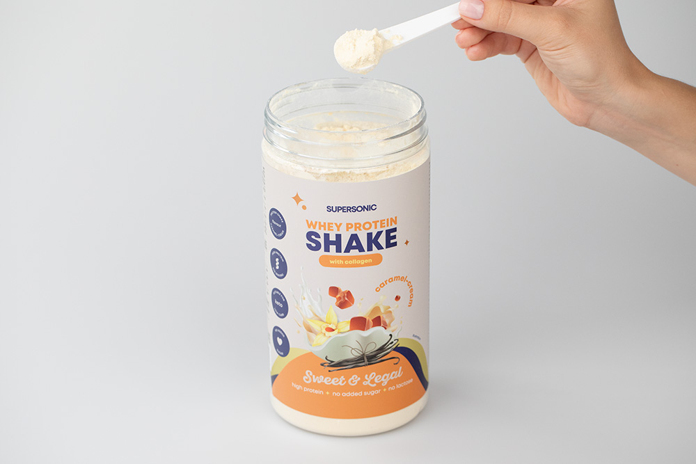 Supersonic Collagen Beauty Drink + Whey Protein Shake with Collagen ZESTAW Kolagen - Porzeczka, mięta 185 g + Koktajl - Karmel i śmietanka 560 g