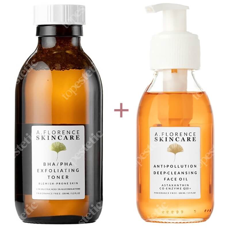 A.Florence Skincare Oczyszczanie Skóry Tłustej ZESTAW Antyoksydacyjny olejek oczyszczający 100 ml + Złuszczający tonik z 1,5% kwasem salicylowym i 5% glukonolaktonem 150 ml