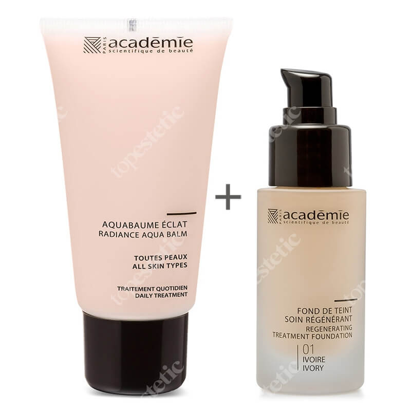 Academie Aquabaume Eclat + Fond De Teint Soin Regenerant ZESTAW Witaminowa baza pod makijaż 50 ml + Liftingujący podkład (kolor kość słoniowa 01) 30 ml