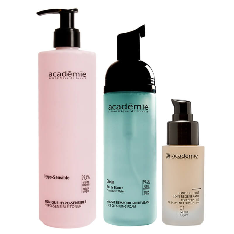 Academie Beauty Skin ZESTAW Liftingujący podkład (kolor kość słoniowa 01) 30 ml + Pianka oczyszczająca 50 ml + Tonik 200 ml
