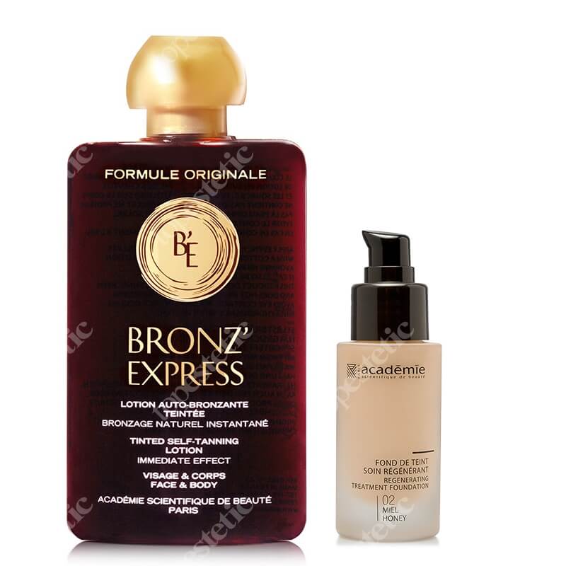 Academie Bronz Skin ZESTAW Samoopalacz w płynie na twarz i ciało 100 ml + Liftingujący podkład (kolor miód 02) 30 ml