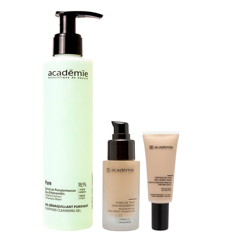 Academie Color And Clean ZESTAW Kryjący korektor pod oczy 20 ml + Liftingujący podkład (kolor cynamon 03) 30 ml + Oczyszczający żel 200 ml