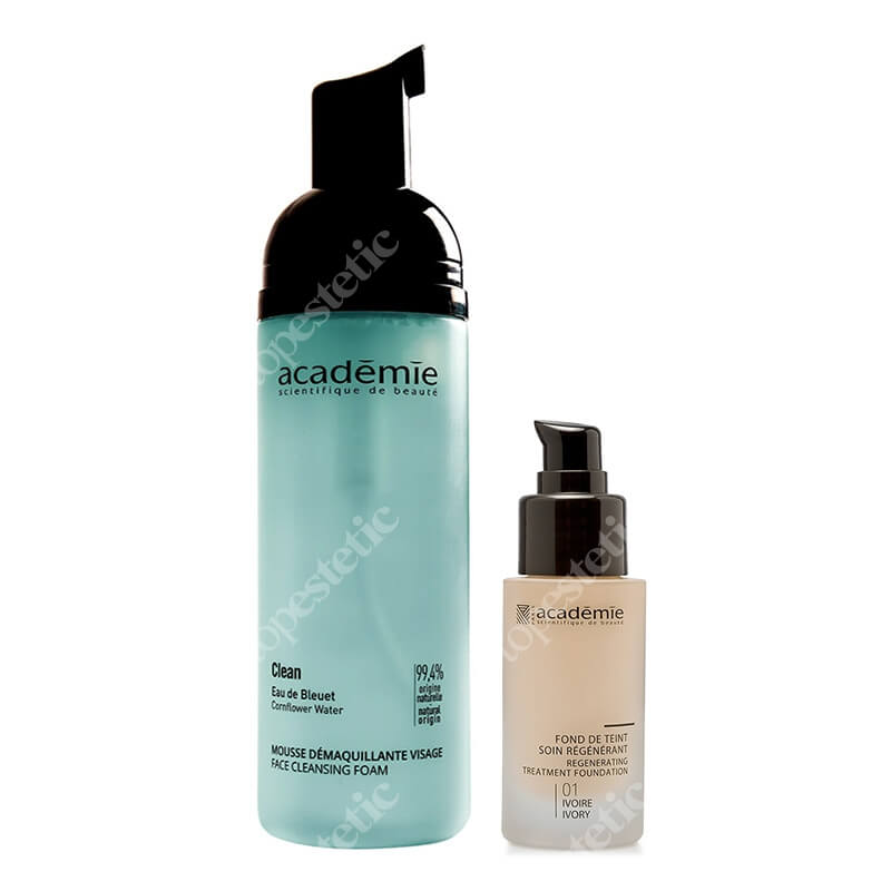 Academie Glow Skin ZESTAW Liftingujący podkład (kolor kość słoniowa 01) 30 ml + Pianka oczyszczająca do twarzy 150 ml