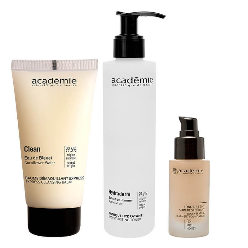 Academie Ideal Set ZESTAW Balsam oczyszczający 150 ml + Tonik 200 ml + Liftingujący podkład (kolor miód 02) 30 ml
