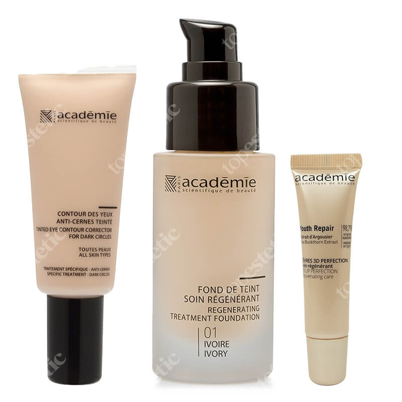 Academie Make Up Set ZESTAW Liftingujący podkład (kolor kość słoniowa 01) 30 ml + Kryjący korektor pod oczy 20 ml + Booster powiększający usta 15 ml