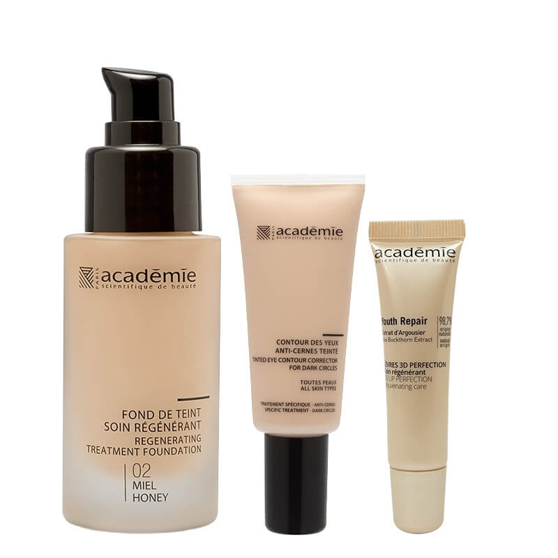 Academie Prefect Look ZESTAW Liftingujący podkład (kolor miód 02) 30 ml + Booster powiększający usta 15 ml + Kryjący korektor pod oczy 20 ml