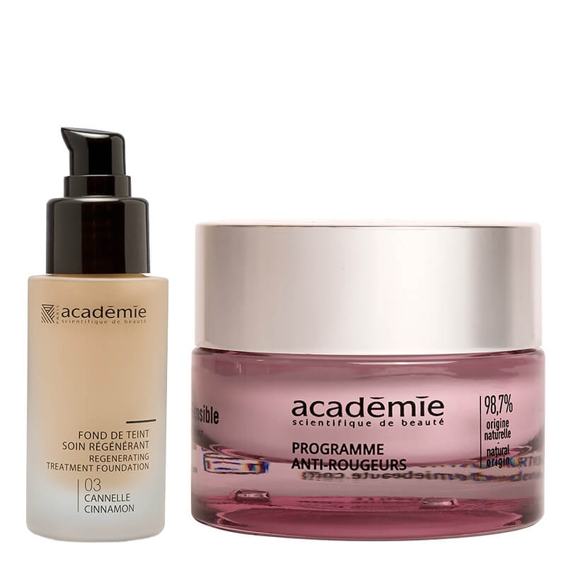 Academie Programme Anti-Rougeurs + Fond De Teint Soin Regenerant ZESTAW Krem na zaczerwienienia dla skóry wrażliwej 50 ml + Liftingujący podkład (kolor cynamon 03) 30 ml