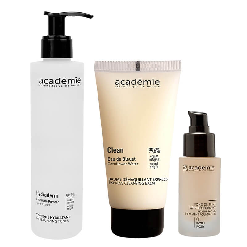 Academie Tonique Hydratant + Fond De Teint Soin Regenerant + Baume Demaquilllant Express ZESTAW Tonik nawilżający 200 ml + Liftingujący podkład (kolor kość słoniowa 01) 30 ml + Balsam oczyszczający twarz i oczy 150 ml