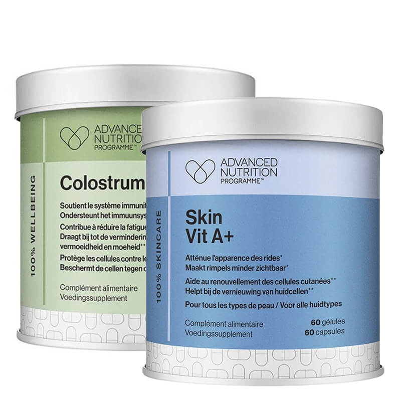 Advanced Nutrition Pr. Skin Vit A + + Colostrum C ZESTAW Witamina A dla zdrowej skóry oraz witamina D 60 kaps. + Witamina C i siara mleka krowiego 60 kaps.