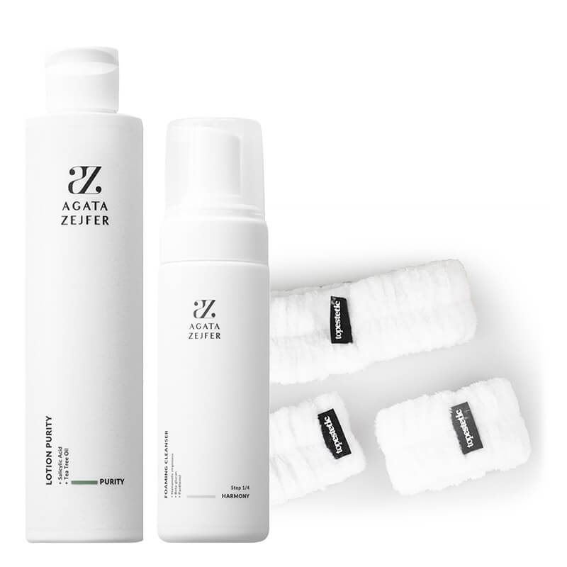 Agata Zejfer Self - Care Concept Foaming Cleanser + Exfoliating Lotion + Opaski Do Mycia Twarzy Topestetic ZESTAW Pianka 150 ml + Płyn złuszczający 200 ml + Opaska na nadgarstek 2 szt + Opaska na głowę 1 szt