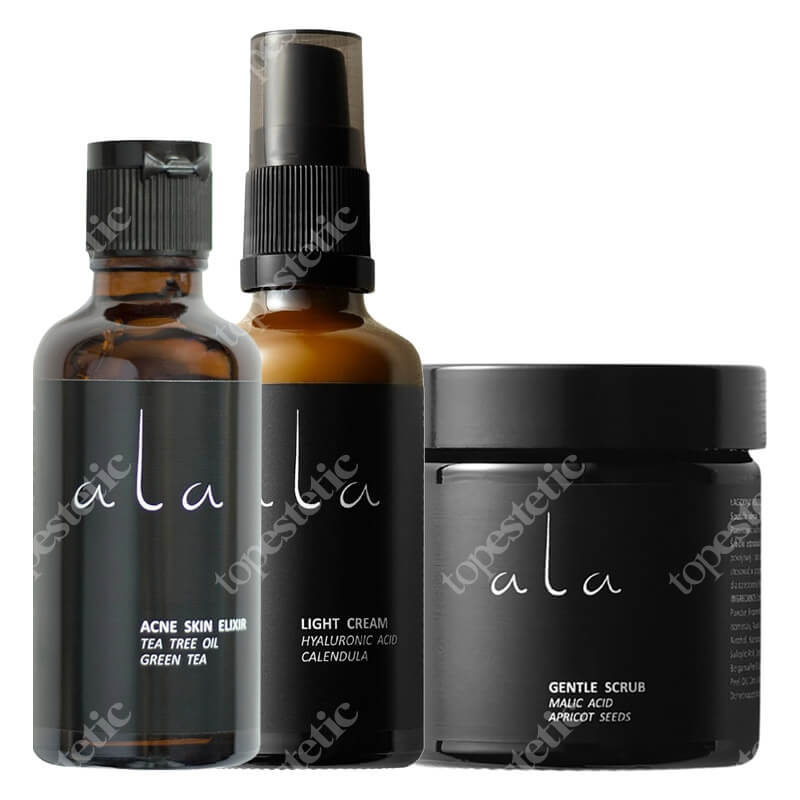 Ala Gentle Scrub + Acne Skin Elixir + Light Cream ZESTAW Drobnoziarnisty peeling z kwasami 50 ml + Eliksir przeciw niedoskonałościom 50 ml + Lekki krem nawilżający 50 ml