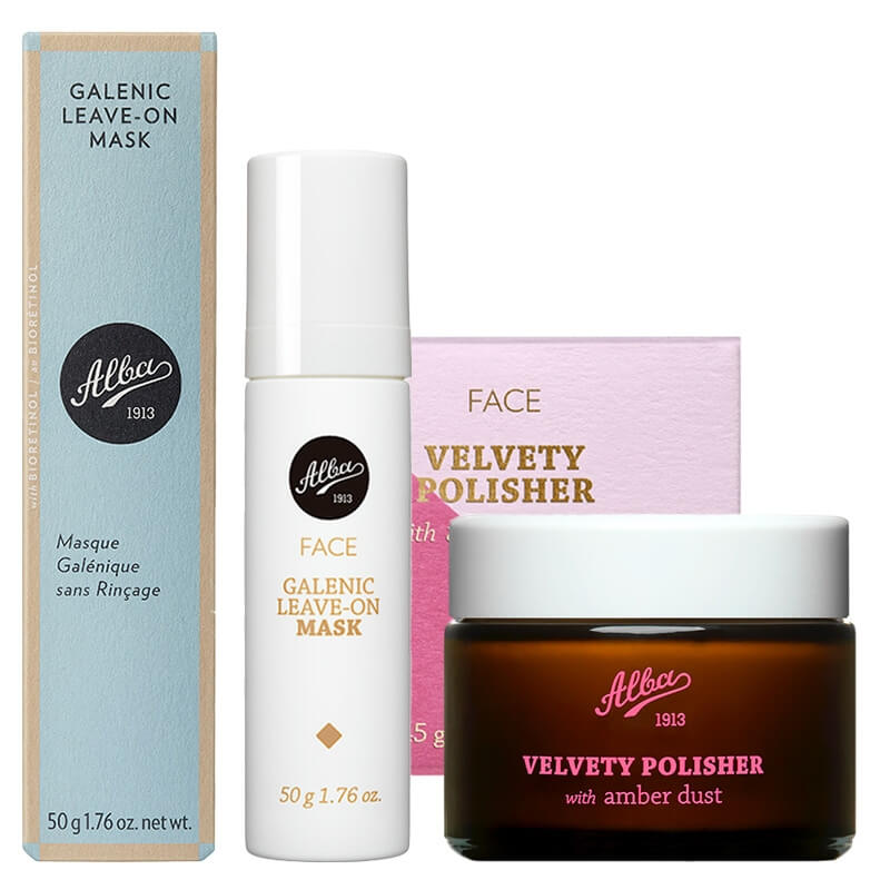 Alba1913 Velvety Polisher + Galenic Leave On Mask ZESTAW Peeling mechaniczny z pyłem bursztynowym 45 g + Galeniczna maska rozświetlająca 50 g