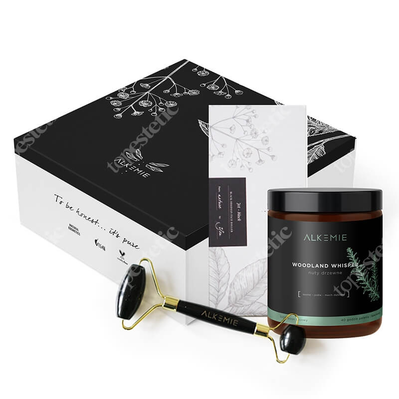 Alkmie Roller Jet Black + Świeca Woodland Whisper ZESTAW Roller do twarzy 1 szt + Świeca sojowa 180 ml
