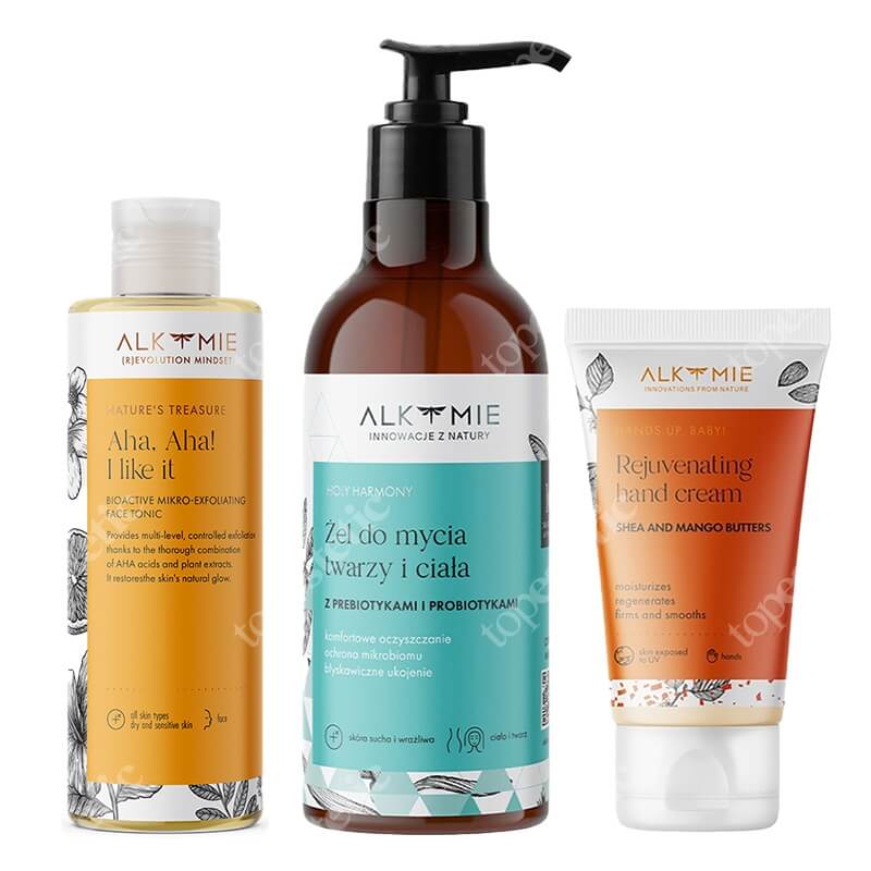 Alkmie Basic Set ZESTAW Żel do mycia twarzy i ciała 250 ml + Tonik mikrozłuszczający 150 ml + Rekonstruujący krem do dłoni 50 ml