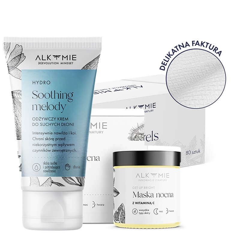 Alkmie Bestseller Set ZESTAW Jednorazowe ręczniki do twarzy 80 szt + Maska nocna z witaminą C 60 ml + Odżywczy krem do suchych dłoni 50 ml