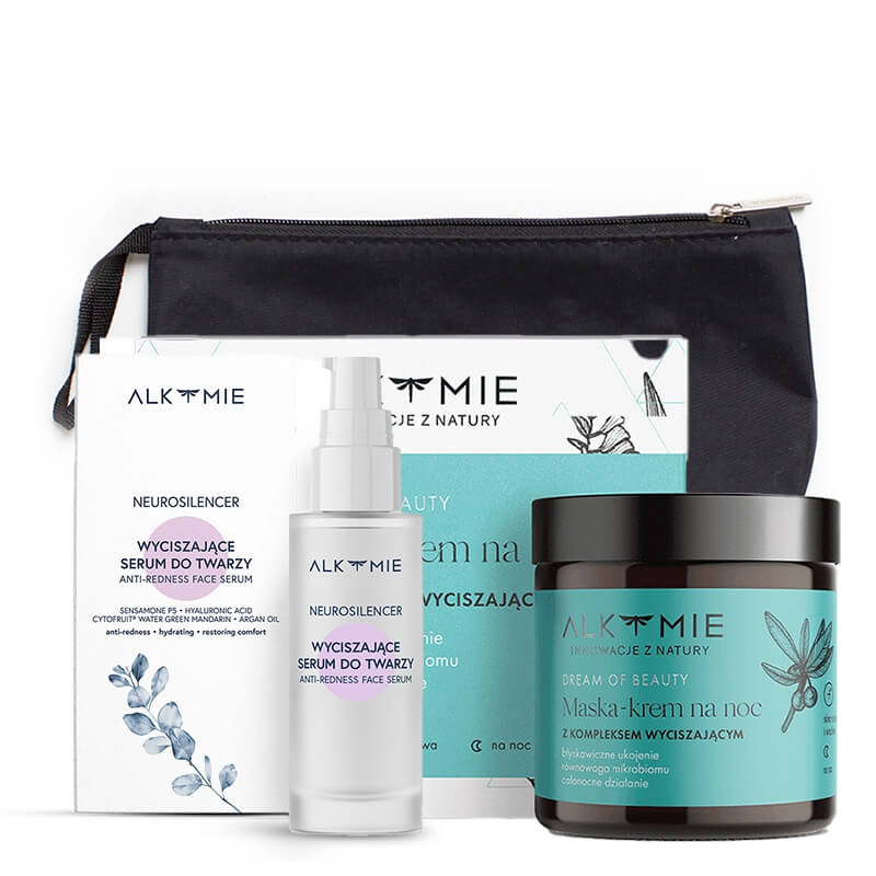Alkmie Calming Skin ZESTAW Skoncentrowany booster wyciszający 30 ml + Wyciszająca nocna maska-krem 60 ml + Kosmetyczka 1 szt