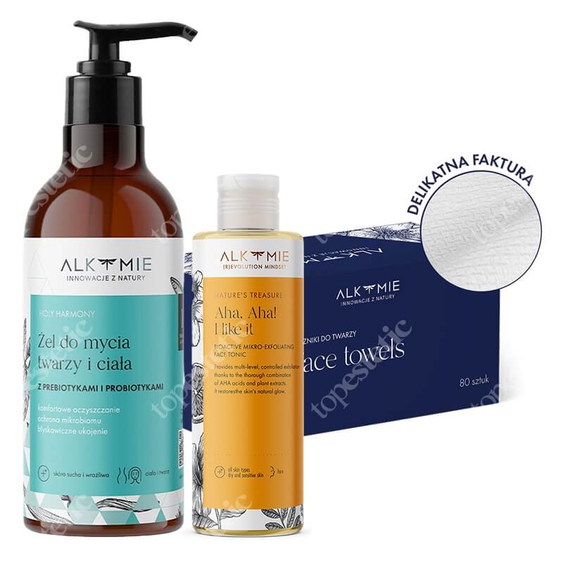 Alkmie Clean Routine ZESTAW Probiotyczny żel do mycia 250 ml + Tonik mikrozłuszczający 150 ml + Jednorazowe ręczniki do twarzy 80 szt