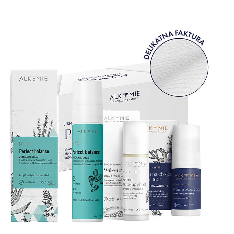 Alkmie Complete Care ZESTAW Ręczniki do twarzy 80 szt + Serum 30 ml + Krem na okolice oczu 15 ml + 24 godzinny krem równoważacy 50 ml