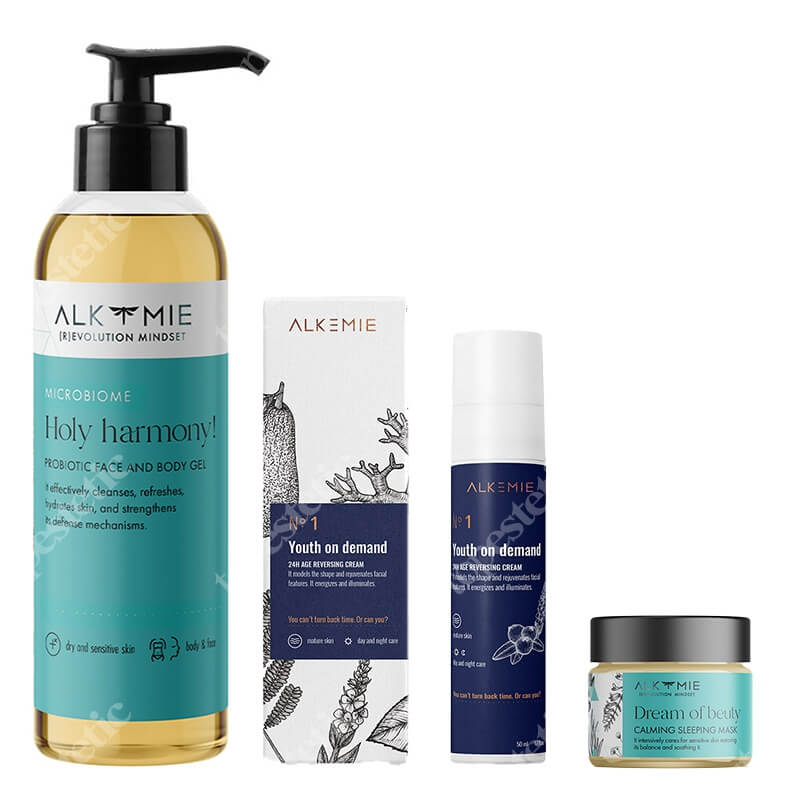Alkmie Day And Night Set ZESTAW Żel do mycia 150 ml + 24 godzinny krem odmładzająco-liftingujący 50 ml + Wyciszająca nocna maska-krem 15 ml
